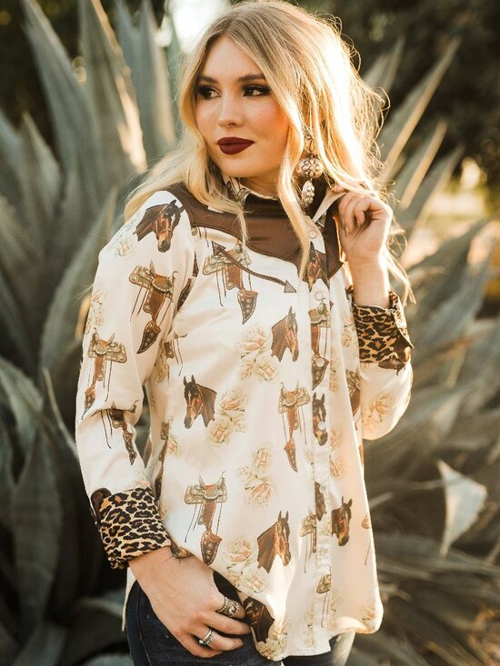 Rodeo Quincy Tops - Cream Horse-Print Button Down Shirt with Leopard Trim